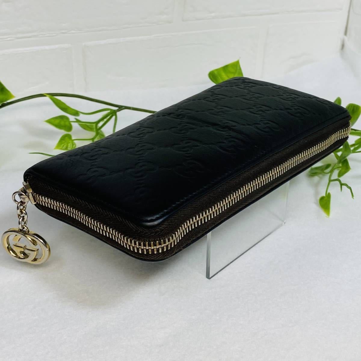 美品》GUCCI グッチシマ レザー ラウンドファスナー 長財布 GG 黒 茶 