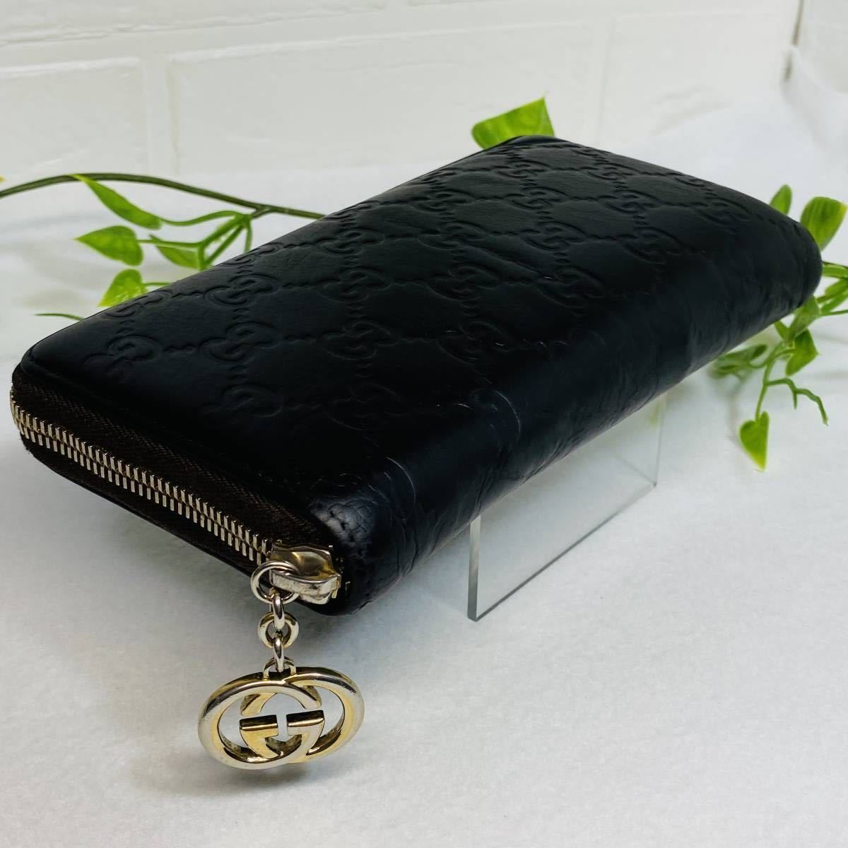美品》GUCCI グッチシマ レザー ラウンドファスナー 長財布 GG 黒 茶 