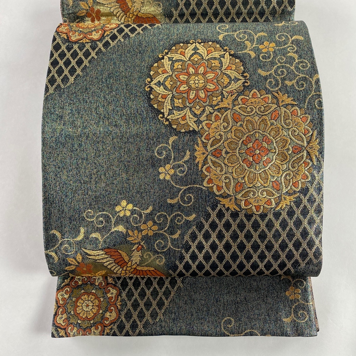 袋帯 秀品 華文 向かい鳥 金糸 箔 赤紫 六通 正絹 中古