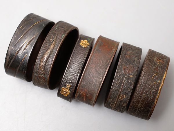 縁頭 梅図 時代武具 R853. 銅地 魚子地花鳥図 等 縁 六