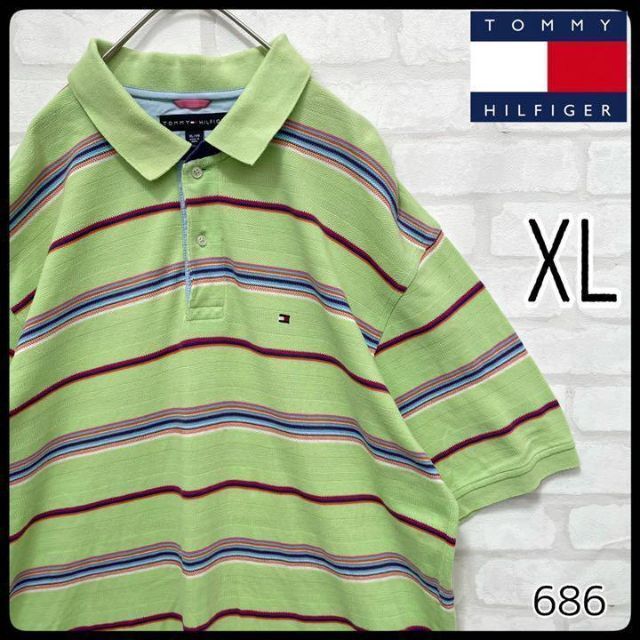 【人気】トミーヒルフィガー 半袖 マルチカラー ボーダー ポロシャツ XLサイズ TOMMY HILFIGER ライトグリーン