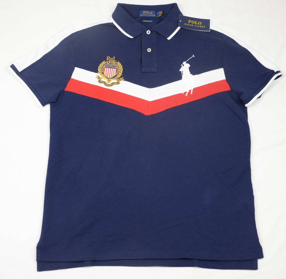 ●POLOラルフローレン半袖ポロシャツ(紺・白・赤，白ビッグポニー，US-M(JP-L))新品