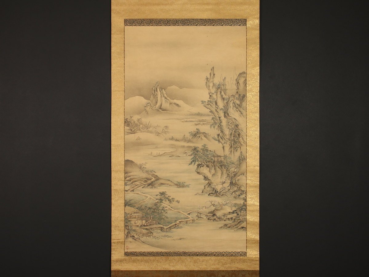 模写】【1円開始】【伝来】ky5087〈狩野元信〉大幅 四季山水図 狩野