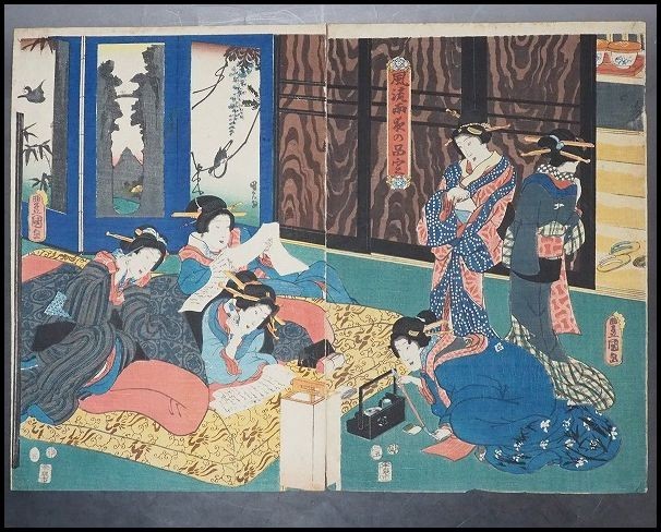 歌川豊国 三代歌川豊国 TOYOKUNIⅢ 3枚続の内2枚 美人画 木