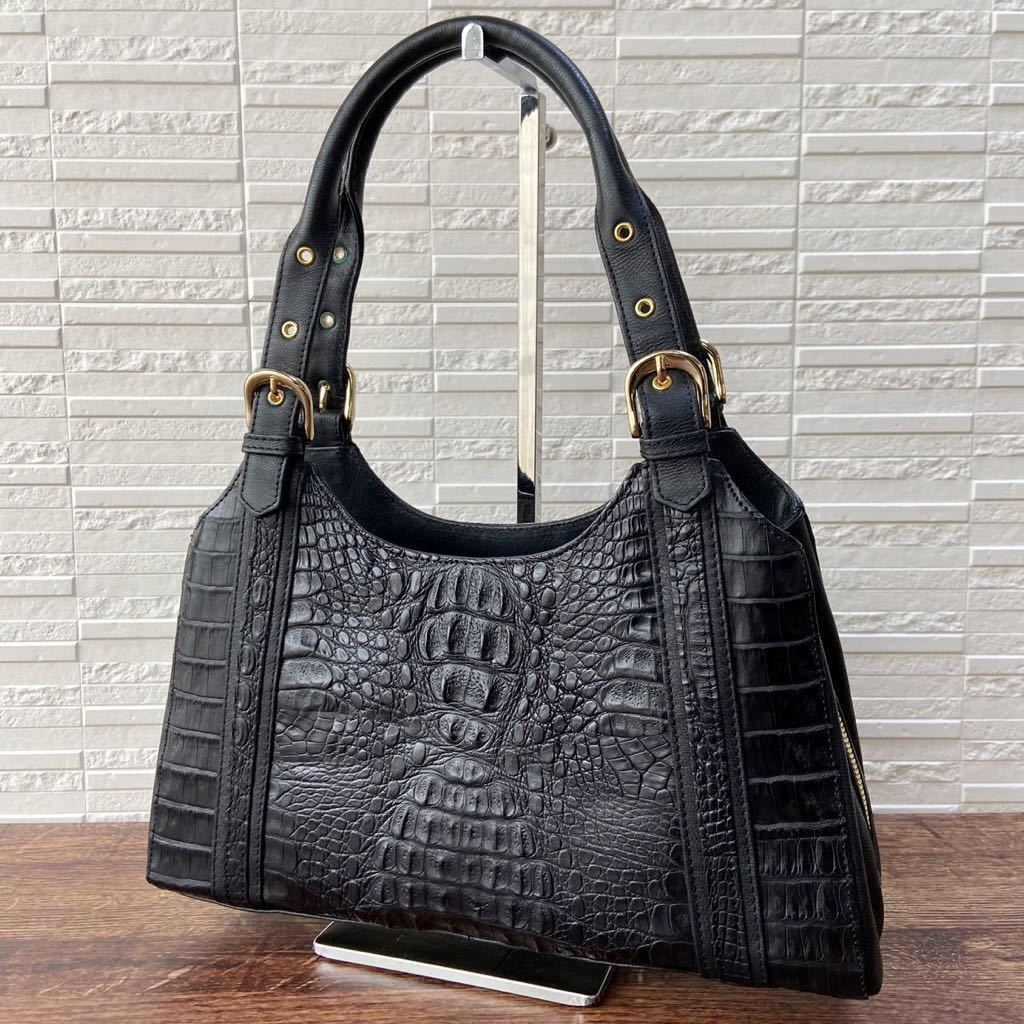 1円 極美品 カイマン クロコダイル レザー ワンショルダー ハンド 