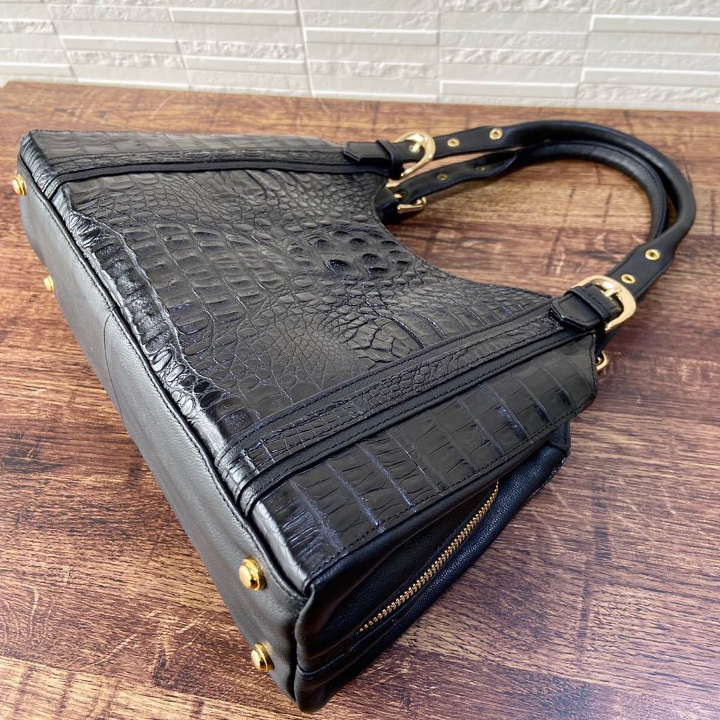 1円 極美品 カイマン クロコダイル レザー ワンショルダー ハンド 