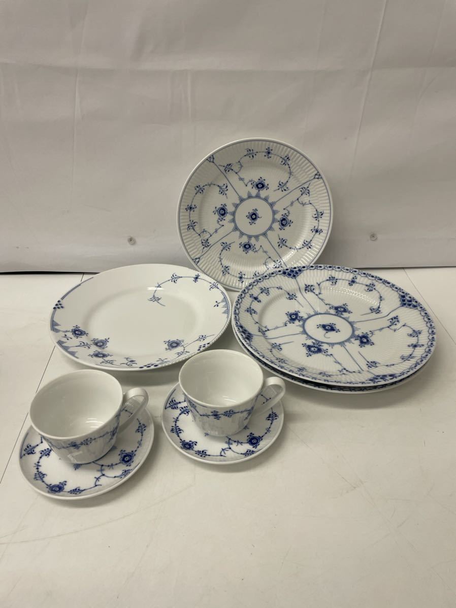 ROYAL COPENHAGEN ロイヤルコペンハーゲン ブルーフルーテッドプレイン ブルーエレメンツ プレート カップ&ソーサー 8点まとめ_1