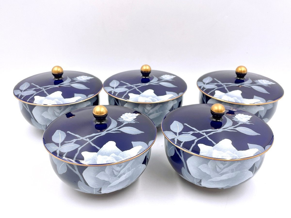 香蘭社 蓋付茶器セット ルリ白ばら 急須・湯呑5客セット 未使用保管