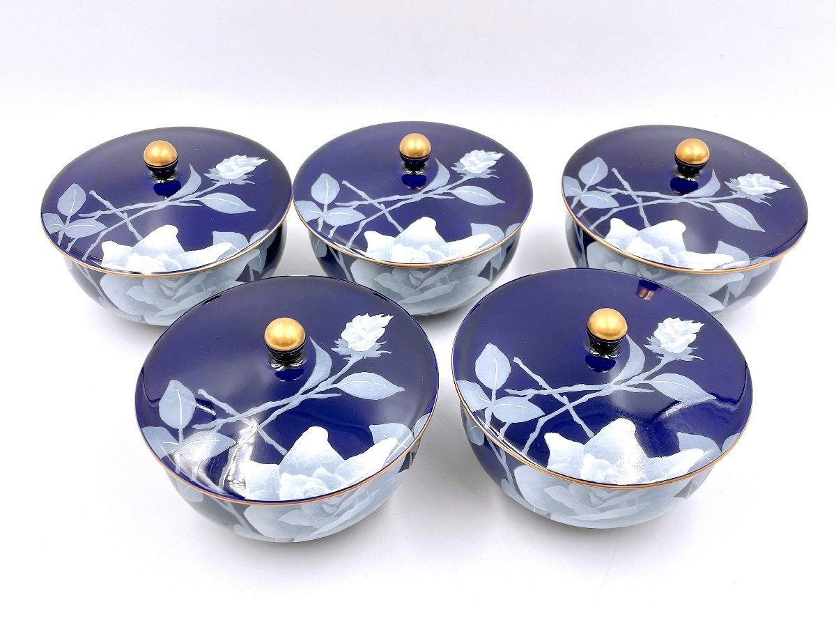 香蘭社 蓋付茶器セット ルリ白ばら 急須・湯呑5客セット 未使用保管