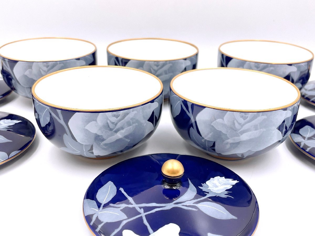 香蘭社 蓋付茶器セット ルリ白ばら 急須・湯呑5客セット 未使用保管