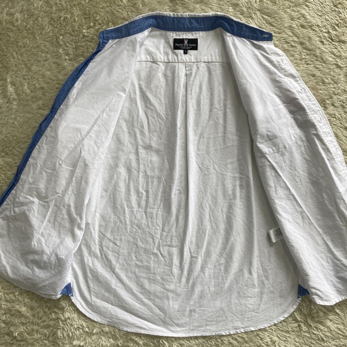メンズファッション パーカー Bunny ポケットバニー 長袖Tシャツ 美品 希少XLサイズ!! サイコバニー Psycho Bunny 長袖 シャツ Yシャツ スカル刺繍 リブ ニット 切り替え コットン 白 ホワイト トリコロール