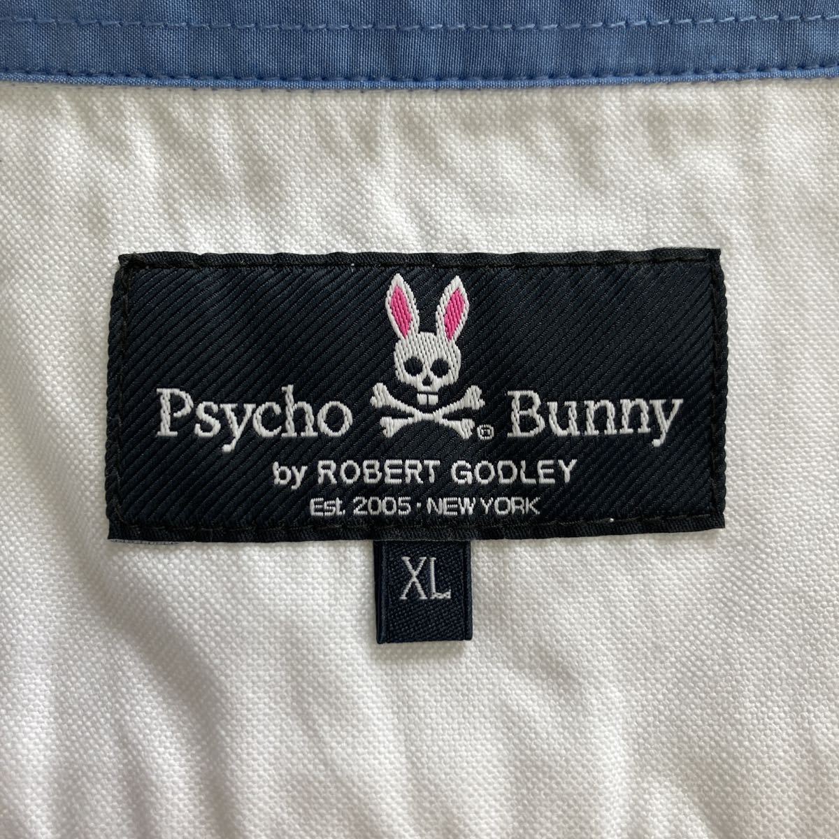 メンズファッション パーカー Bunny ポケットバニー 長袖Tシャツ 美品 希少XLサイズ!! サイコバニー Psycho Bunny 長袖 シャツ Yシャツ スカル刺繍 リブ ニット 切り替え コットン 白 ホワイト トリコロール