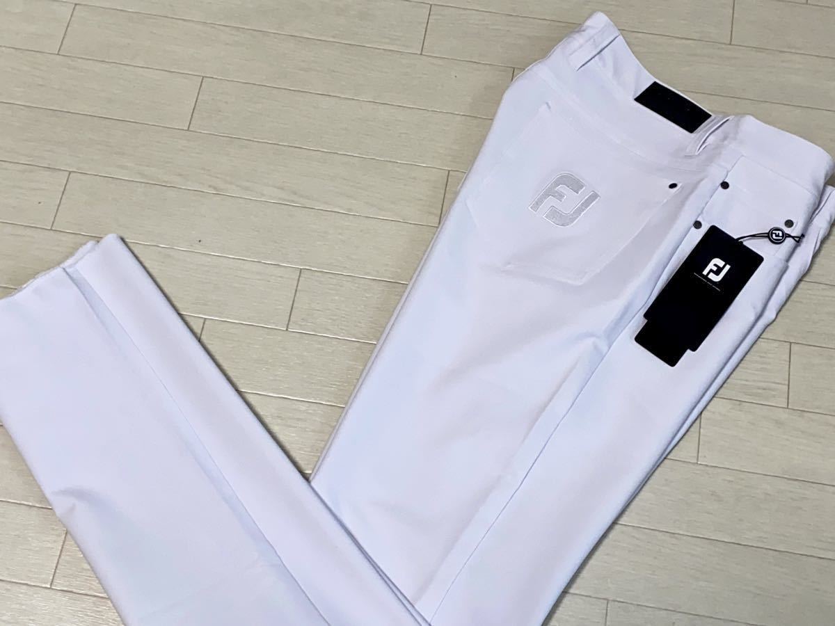 新品◆フットジョイ FootJoy ビックロゴ刺繍 吸汗速乾 4wayストレッチ テーパードパンツ/透け防止仕様/春夏/ホワイト/サイズL/送料198円