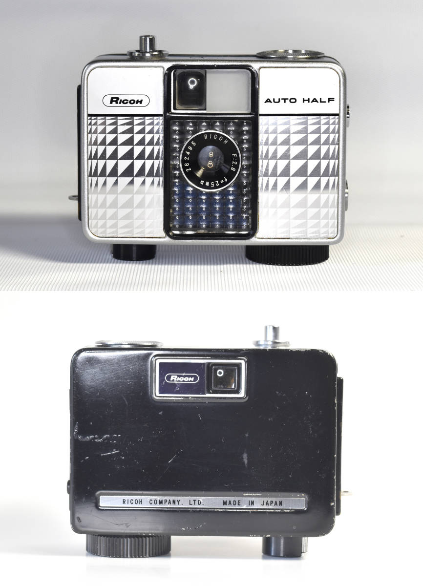 昭和レトロを代表するカメラ4機種、リコーAUTO HALF-E、リコー Hi-COLOR、ヤシカ Mimy-S、オリンパス PEN-F　ジャンク品
