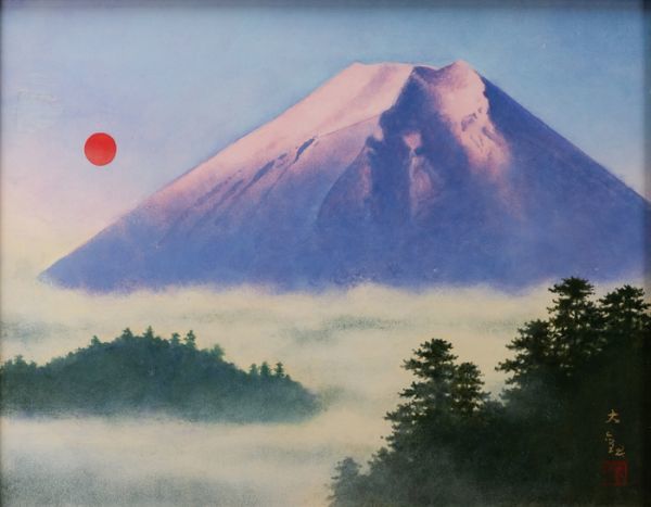下村観山　日の出　日本画　扇面　金地彩色 サイン有 共板 鑑定証書 直筆 横山大観 日本画 肉筆 春暁 表サイン 印譜 横山美代子鑑定書 F6号