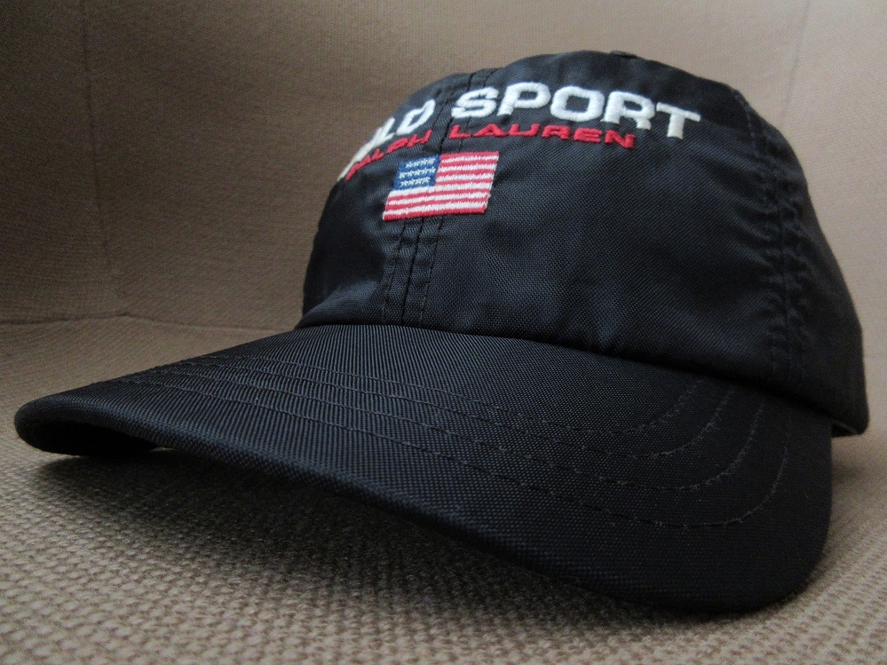 90's USA製 POLO SPORT 星条旗 ロゴ 刺繍 ナイロン キャップ ブラック～ネイビー系 ポロ スポーツ RALPH LAUREN ラルフローレン CAP 帽子