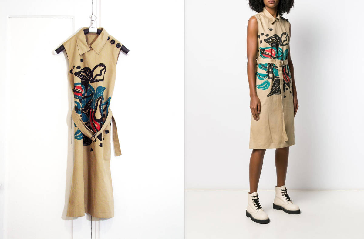 【東京より発送・7/19まで送料無料】MARNI マルニ ベルト付 抽象プリント ワンピース カーキ（サイズ 42） 