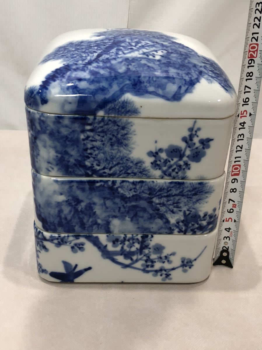 時代物 古染付 陶器 三段重蓋付き 工芸品 コレクション 未使用品