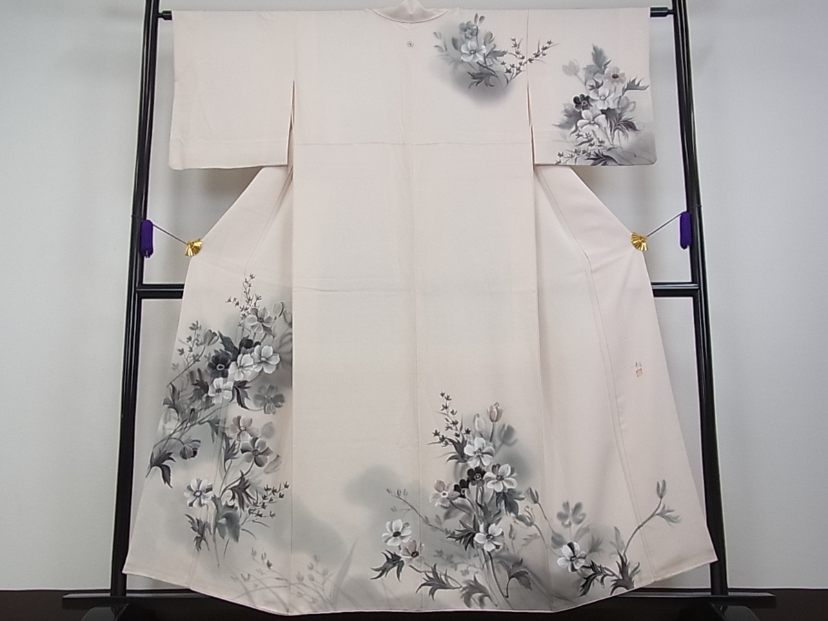 逸品 手描き 正絹 暈し染め 作家物 草花文 金彩 平和屋着物▽訪問