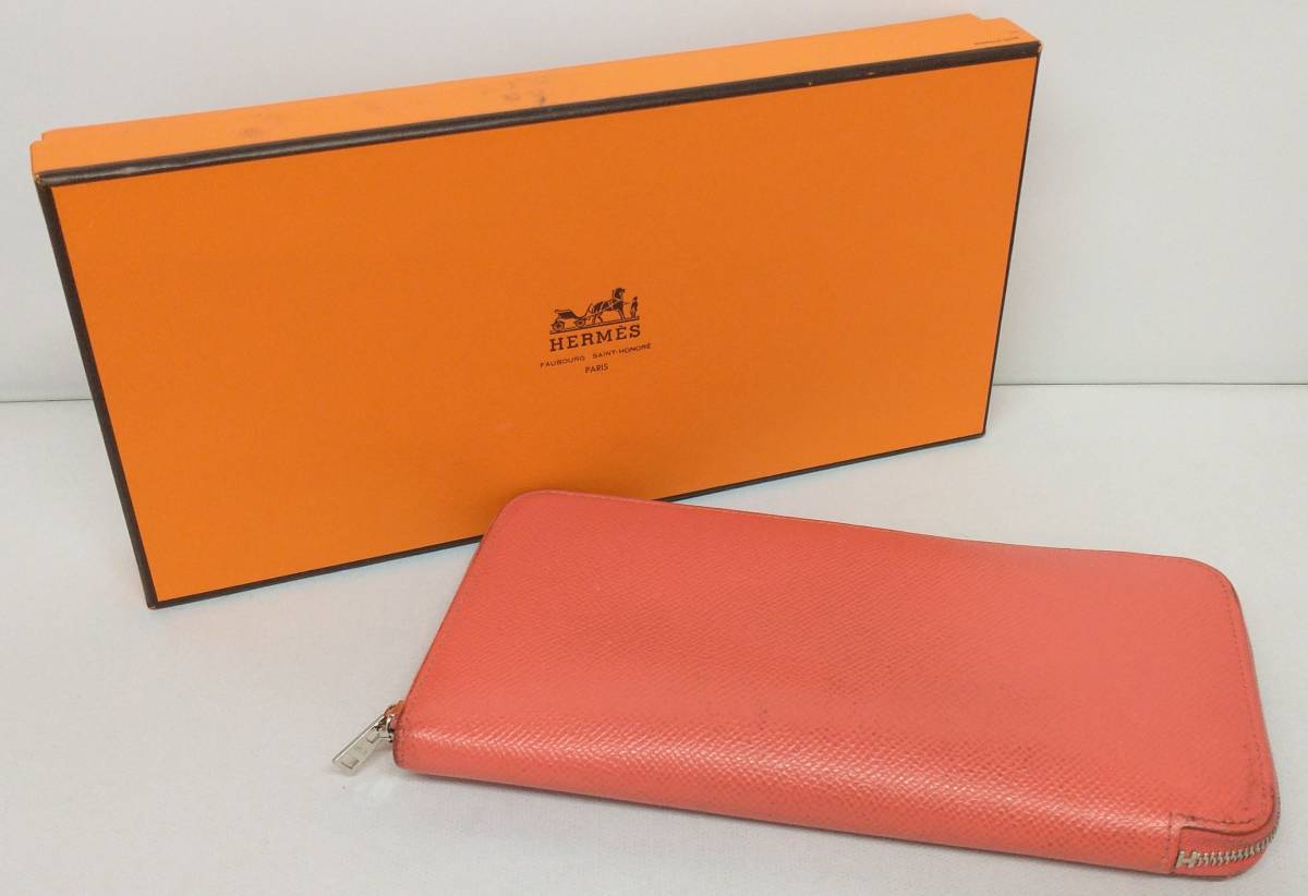 HERMES エルメス アザップロングシルクイン □Q レザー ラウンドファスナー 長財布 オレンジ 橙 箱付 ウォレット