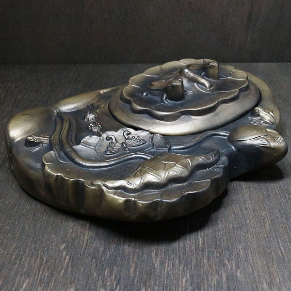 澄泥硯（陶硯）蓮・花・カエル 中国文房四寶