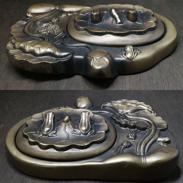 澄泥硯（陶硯）蓮・花・カエル 中国文房四寶