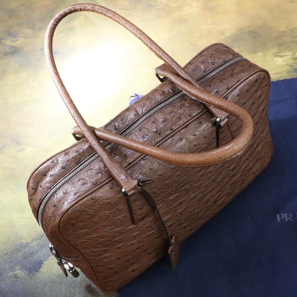 本物 極上品 プラダ 最高級オーストリッチレザー 三角インゴット 