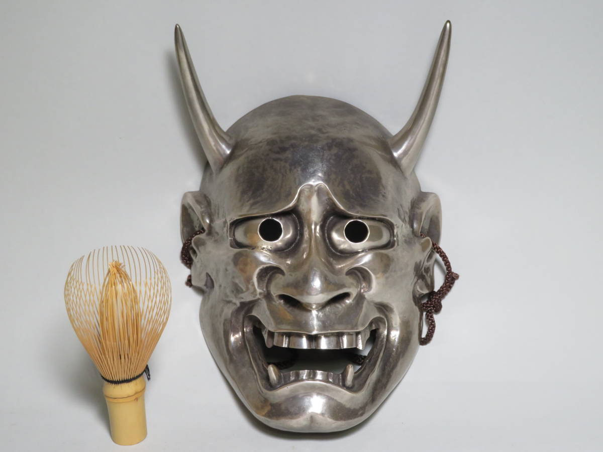 純銀製 能面(般若)◇鬼面 魔除け 蝋型鋳銀 美術能面 共箱付◇純銀(950