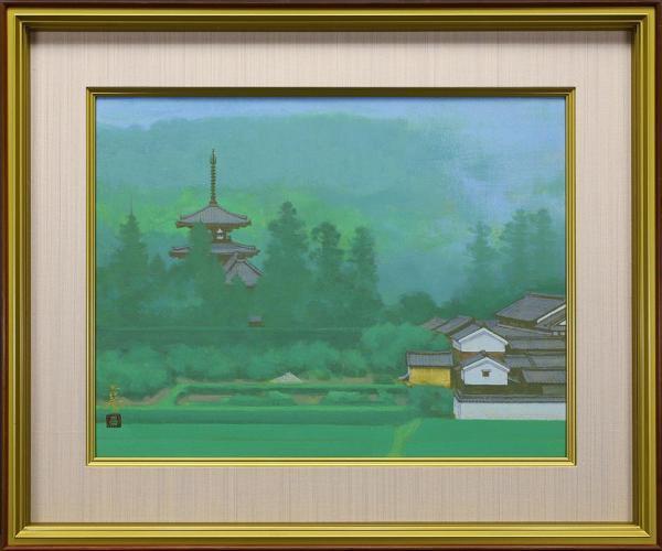 真作】【WISH】黒沢吉蔵「斑鳩三井の里」日本画 10号 金落款 共シール
