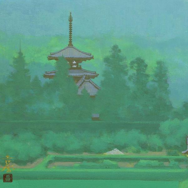 真作】【WISH】黒沢吉蔵「斑鳩三井の里」日本画 10号 金落款 共シール