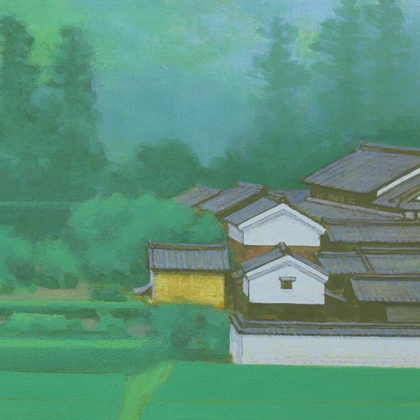真作】【WISH】黒沢吉蔵「斑鳩三井の里」日本画 10号 金落款 共シール