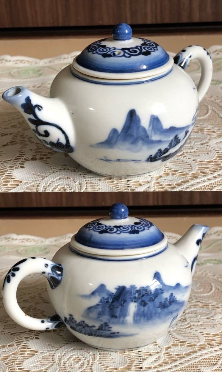 ♪時代九谷染付 煎茶揃い　朱漆茶櫃共 急須 九谷焼 煎茶道具 茶道具 茶器 染付 中国美術 青花 茶道 煎茶 唐物 茶