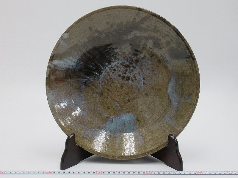 D0562 陶製 灰釉 大皿 径32cm 尺皿 大鉢
