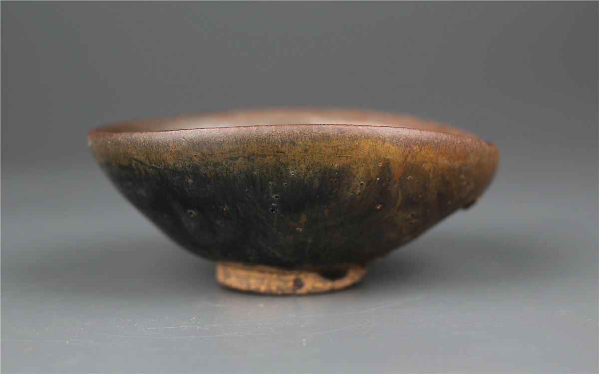 宋時代 建窯 柿釉天目茶碗 箱付 仕覆