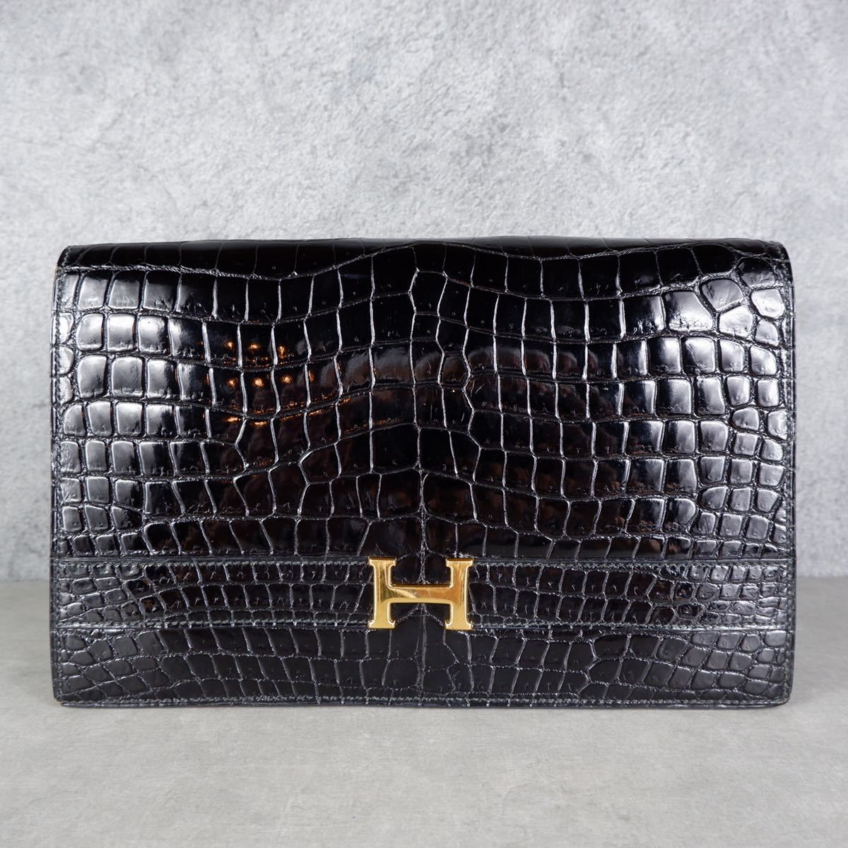 1スタ 美品 稀品 HERMES エルメス クロコダイル クラッチバッグ コンスタンス ヴィンテージ ブラック ゴールド金具 センター取り ◯H刻