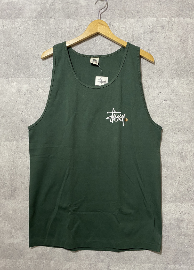 デッドストック 90's ビンテージ▽STUSSY ステューシー ストックロゴ タンクトップ L 緑 ブランドロゴ タグ付き OLD オールド 80s 白タグ