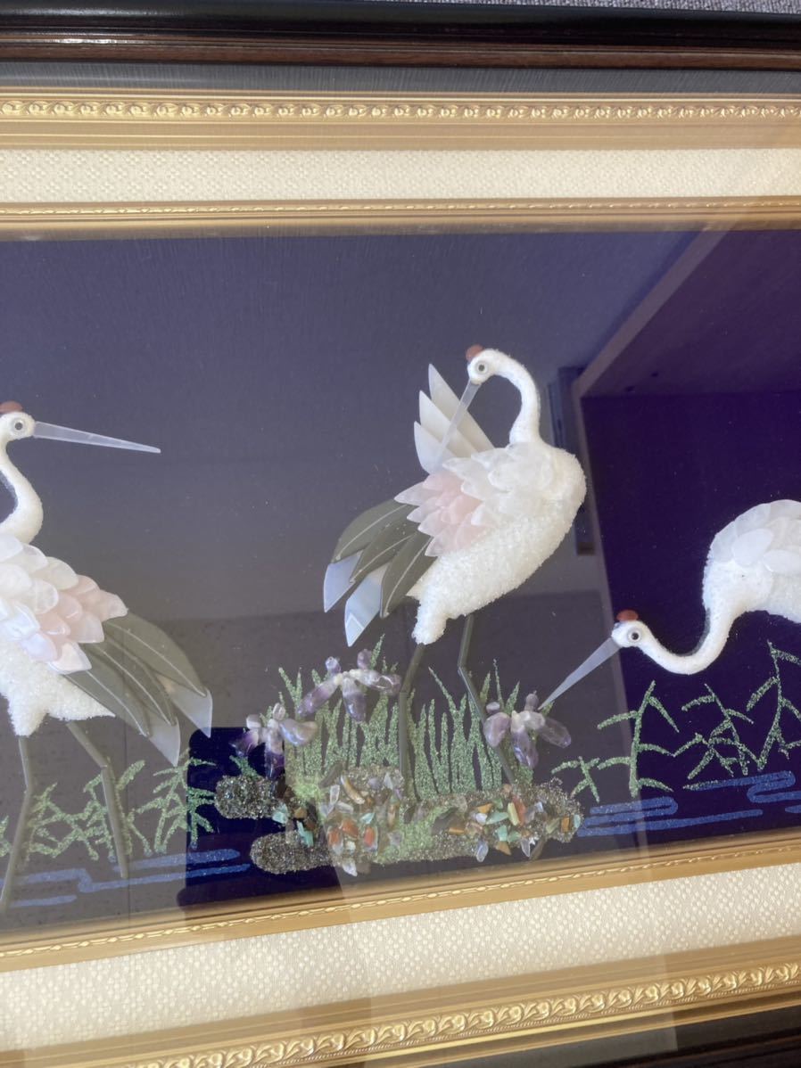 美品 宝石画 宝石 アート 美術品 鶴 天然石 貴石画工芸品 123 × 50 × 6