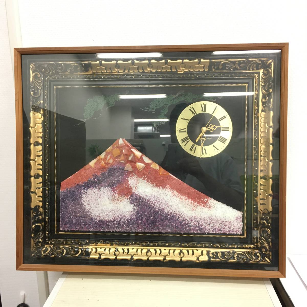 4116-2】貴石画 貴石絵 宝石画 富士山 時計 掛け時計 ストーンアート 