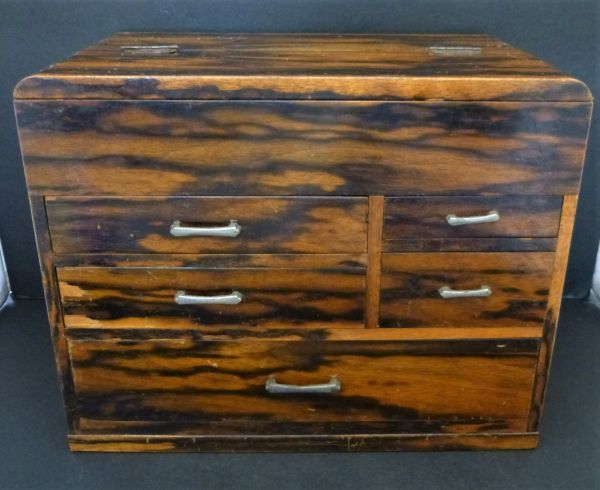 D1☆【骨董品】黒柿 針箱 裁縫箱 内側桐材 昭和レトロ 小引き出し
