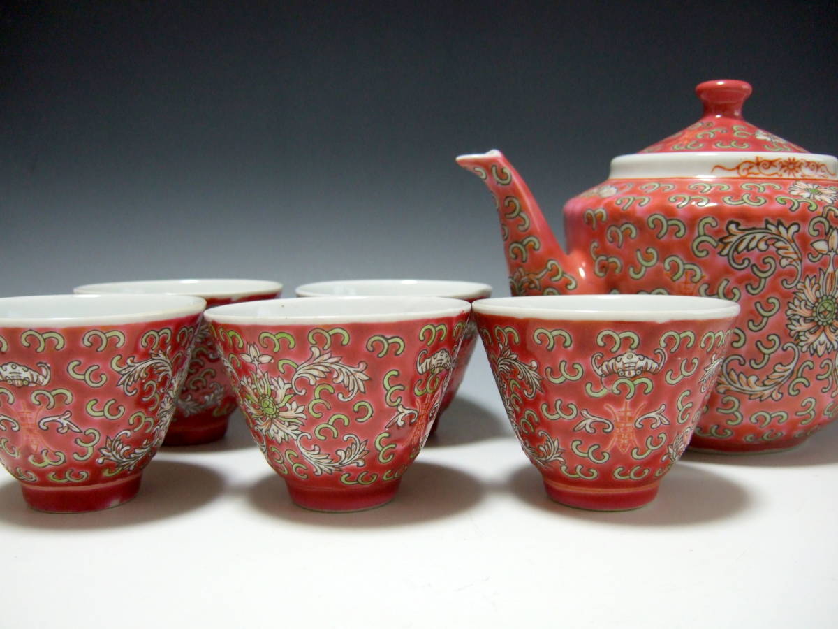 平安 楽峰造 色絵『花文』 急須 煎茶碗(五客) 煎茶器揃え 共箱