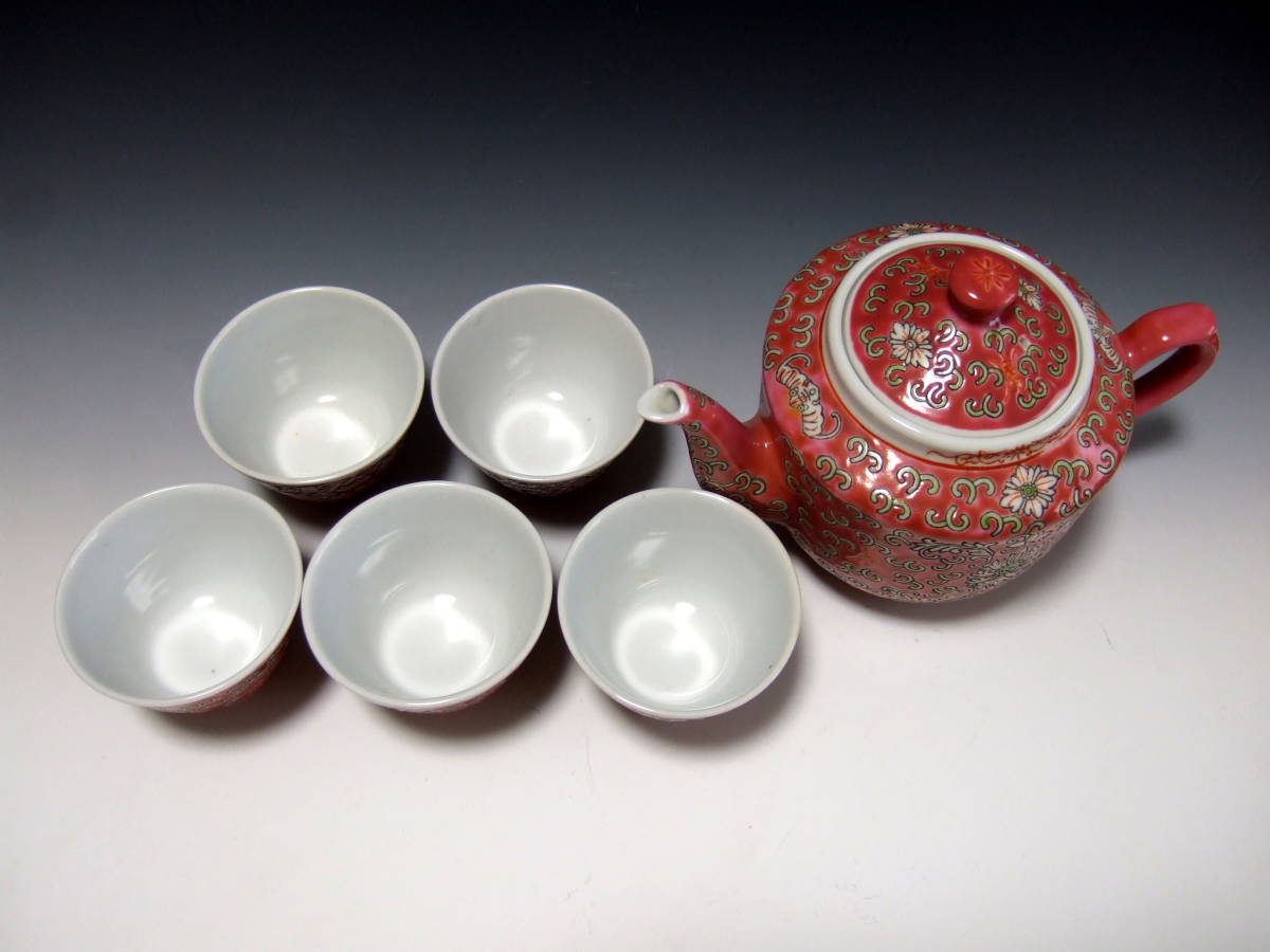 平安 楽峰造 色絵『花文』 急須 煎茶碗(五客) 煎茶器揃え 共箱