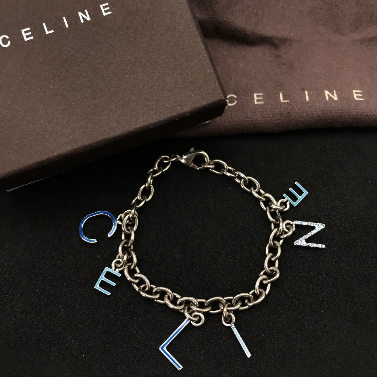 1円 良品 CELINE セリーヌ ロゴ ラインストーン ブレスレット シルバー 