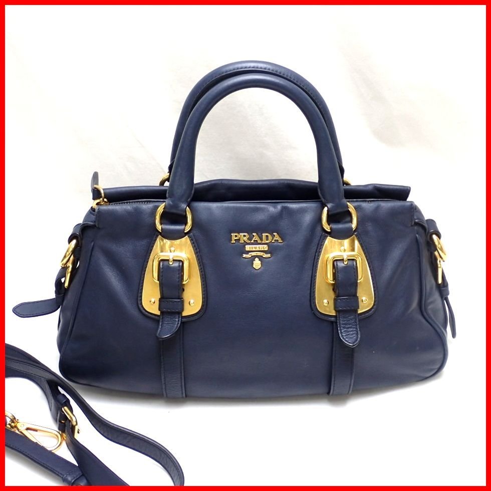 【HOT，お得】 PRADA/プラダ 2wayハンドバッグ ネイビー&times;ゴールド金具/レザー/ショルダーベルト付き&1789300014(ハンドバッグ)｜売買されたオークション情報、yahooの商品情報をアーカイブ公開 - オークフ かばん、バッグ