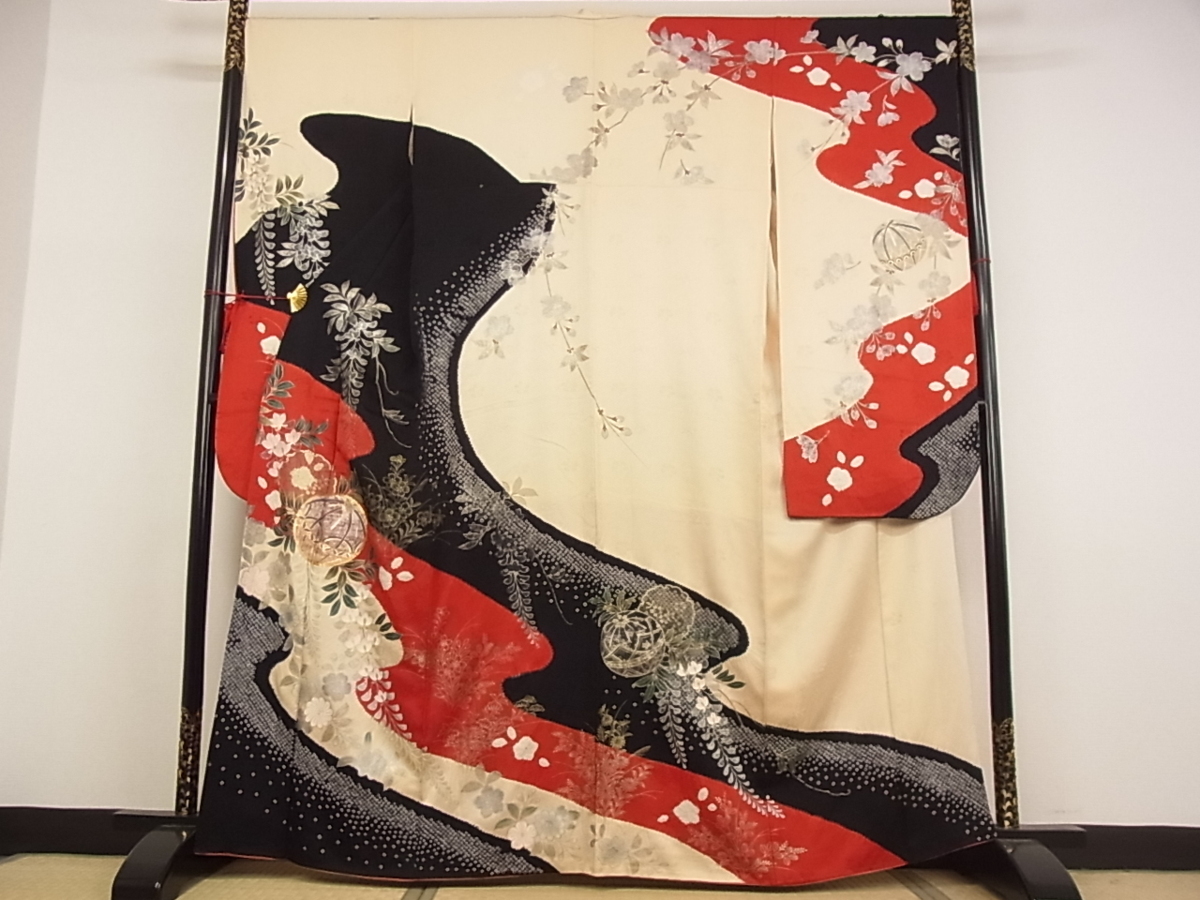 正絹 絞り 金彩 駒刺繍 辻が花 振袖 流水舞桜文 やまと誂製 平和屋