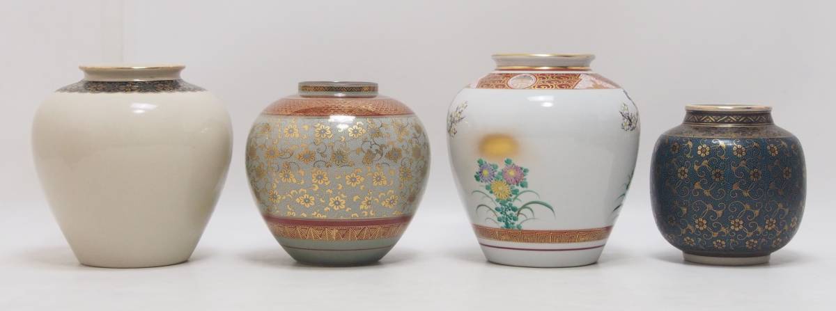 AZ-058 九谷焼 花瓶 4点 在銘有 美品揃い 啓峰 大観 金山 栄山 青粒