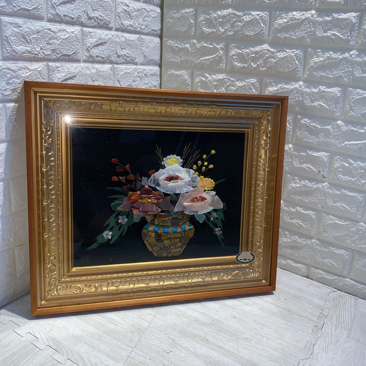 貴石画 貴石絵 宝石絵 花 花瓶 ストーンアート アンティーク額縁ガラス