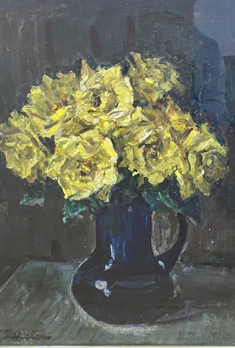 中谷健次　油絵　バラ　薔薇　花瓶 中谷健次「バラ」薔薇 P8号 肉筆 静物画 師藤島武二 示現会創立委員 六