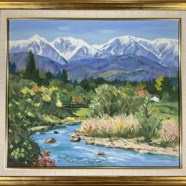 真作保証□油彩□渡辺良雄□「白馬初雪」□日展会友 福島