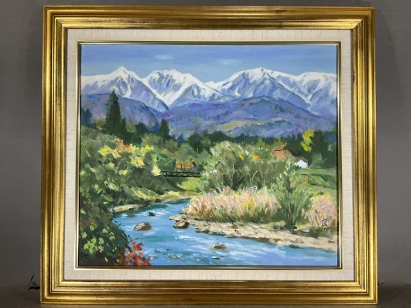 真作保証□油彩□渡辺良雄□「白馬初雪」□日展会友 福島巨匠□額付絵画 a