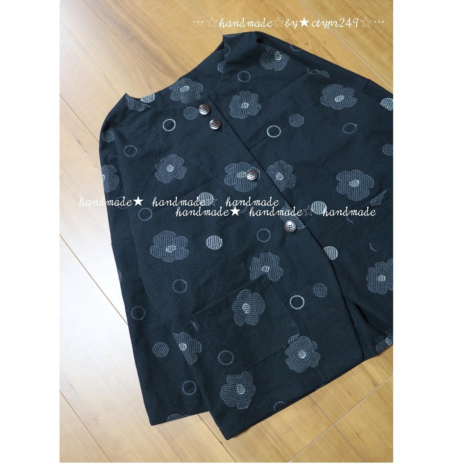 hand　made♪cotton&リネンflower刺繍ノーカラーショート丈ジャケット♪ hand | made♪cotton&amp;リネンちび襟シャツ♪ 台湾 方さん手作り藤の花刺繍リネン携帯小物ポケット 母の日